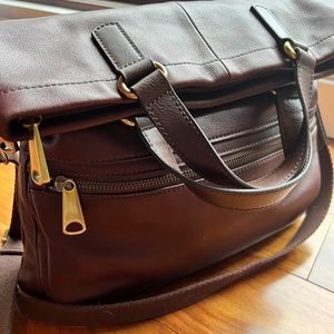 Fossil Explorer Leather Foldover Crossbody Tote Chocolate Brown